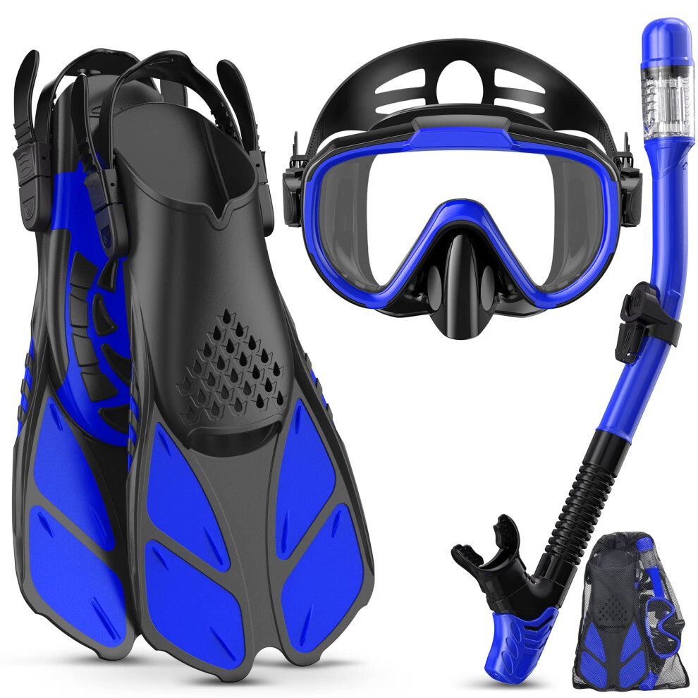 Leading Snorkel Set Adult with Flippers, Anti-Fog Diving Set, Dry Snorkel, Adjustable Flippers, Snorkelling Packages for Men and Women