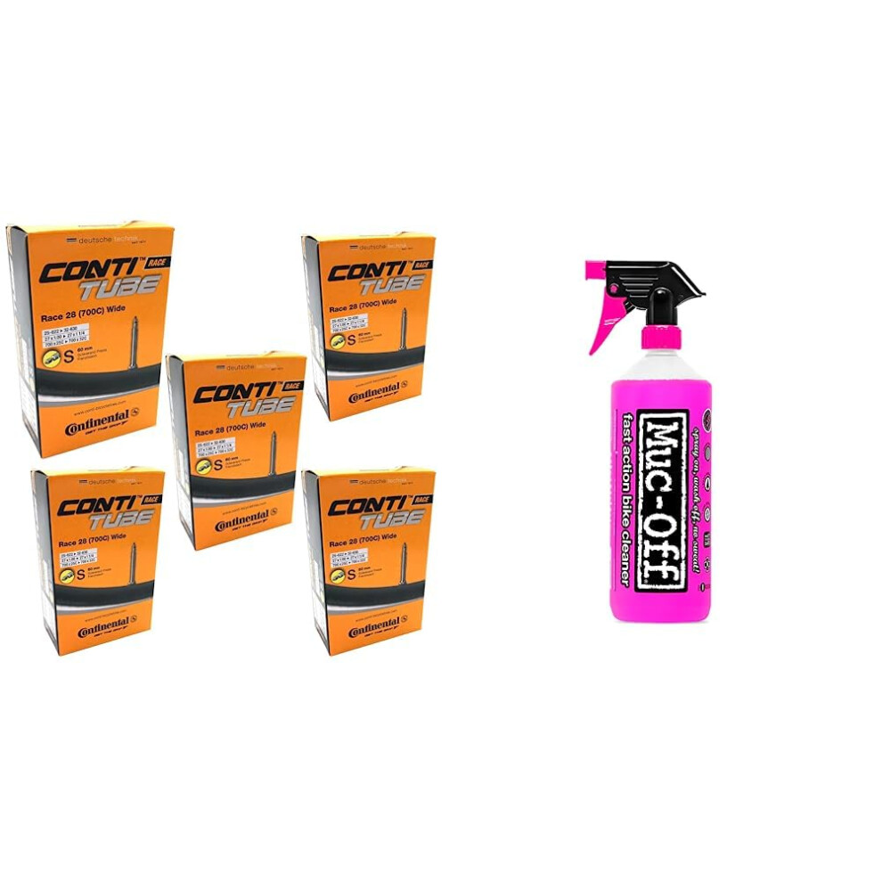 Continental Race 28 700 x 25-32c Bike Inner Tubes with Presta 60mm Valve (Set of 5),Black & Muc-Off 904US Nano-Tech Bike Cleaner, 1 Litre - Fast-Actio