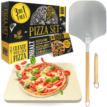 Loco Bird Pizzastein f?r Backofen & Gasgrill inkl. Pizzasschieber - 3er Set - Pizzastein rechteckig aus Cordierit f?r knusprigen Pizzaboden wie vom It