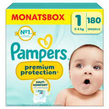 Pampers Premium Protection Gr??e 1, 180 Windeln, 2kg-5kg, Doppelter Schutz f?r die Haut und vor Auslaufen