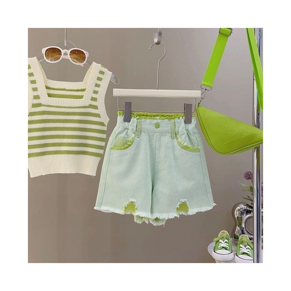 (Green Jeans,150cm/59.06in)Ensemble deux pièces tendance fille avec débardeur rayé coton doux et short froncé accrocheur denim