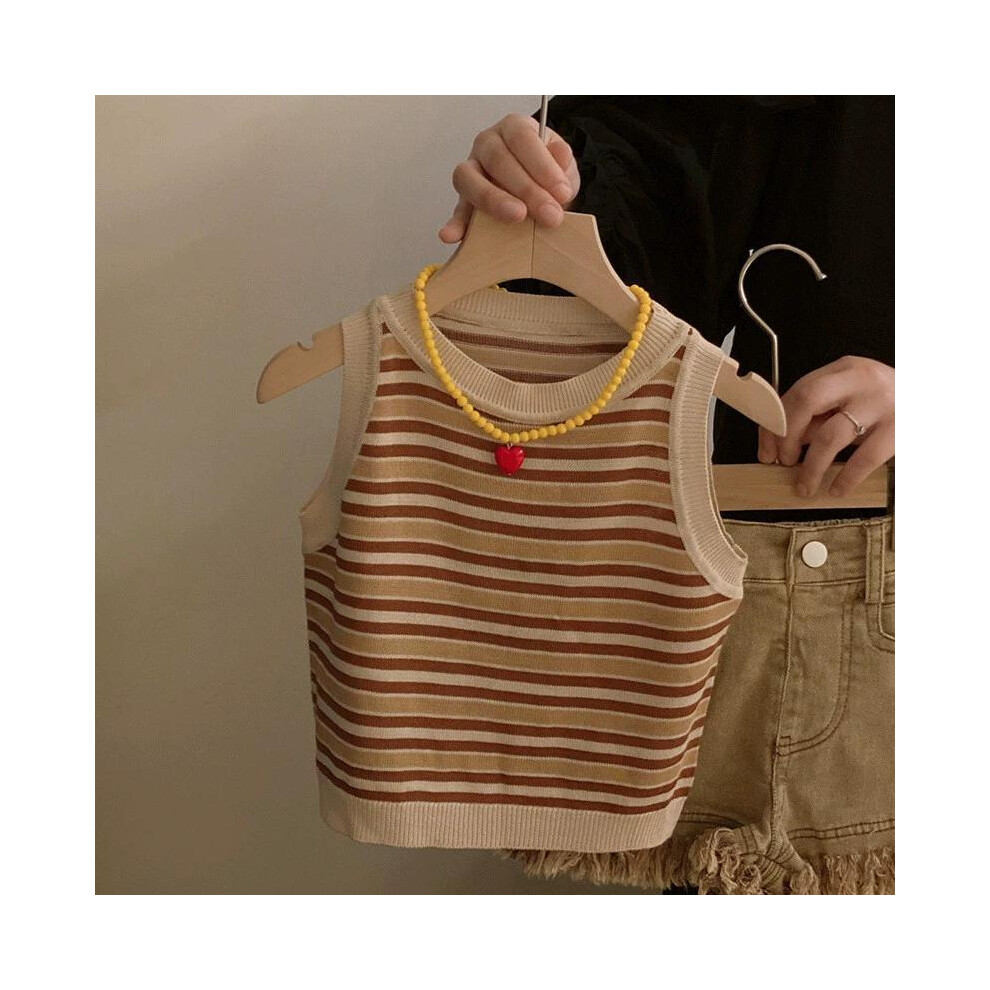 (Vest,140cm/55.12in)Ensemble gilet rayé marron tendance et short en denim découpé pour fille parfait pour les journées été
