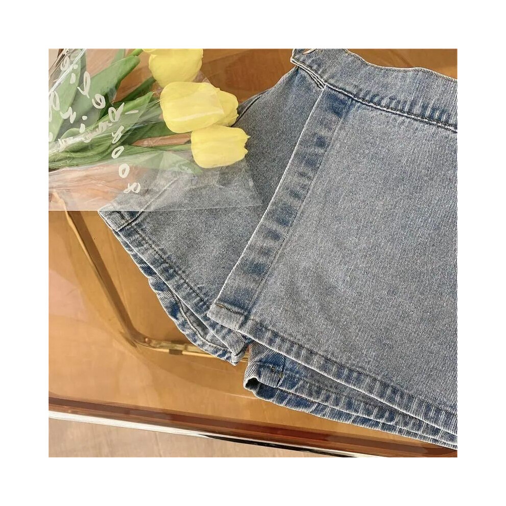 (Culottes,150cm/59.06in)Élégant ensemble de deux pièces été fille avec jolie chemise et short en jean bordure dentelle