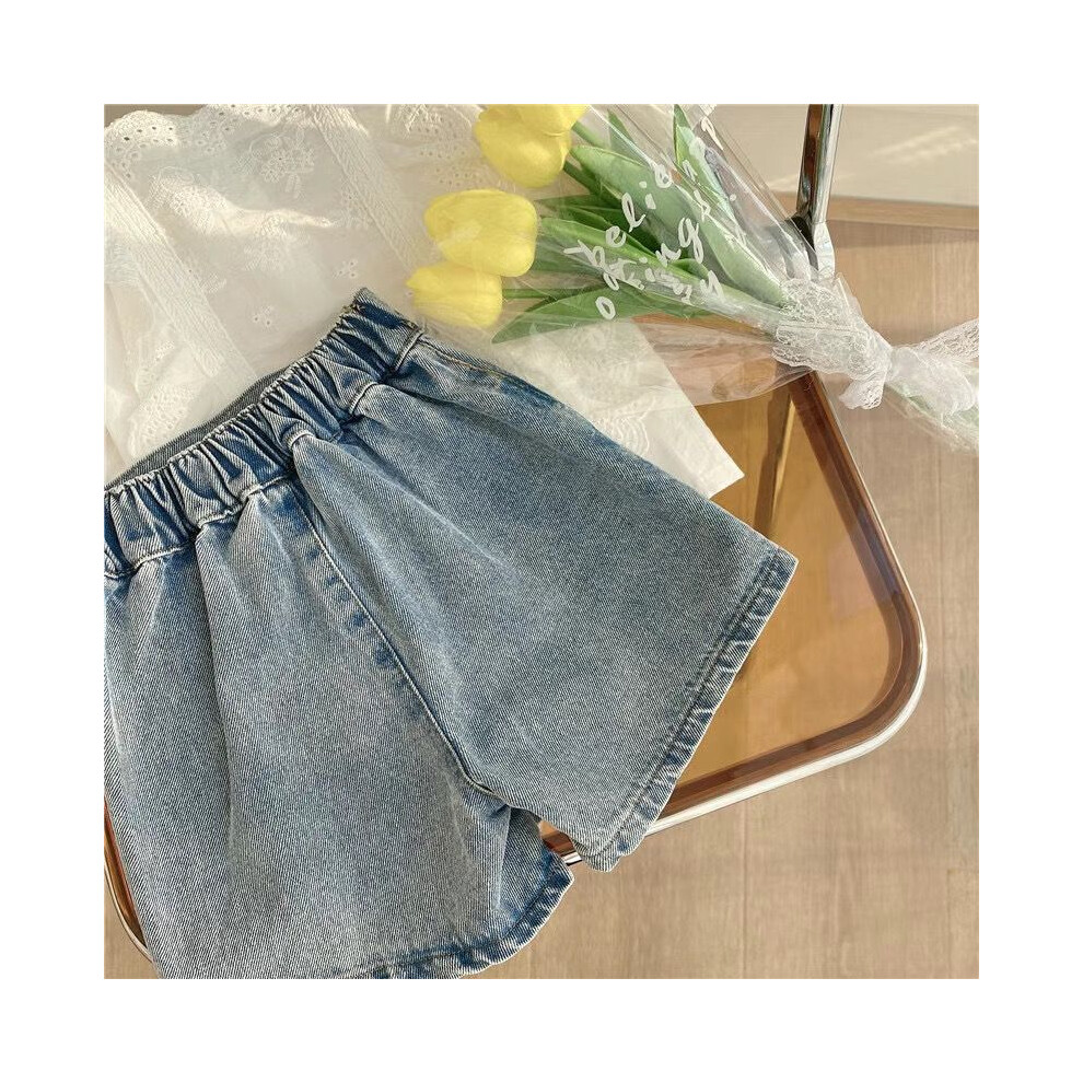 (Jeans,130cm/51.18in)Ensemble deux pièces à la mode pour fille dont chemise en dentelle et short en denim pour l'été