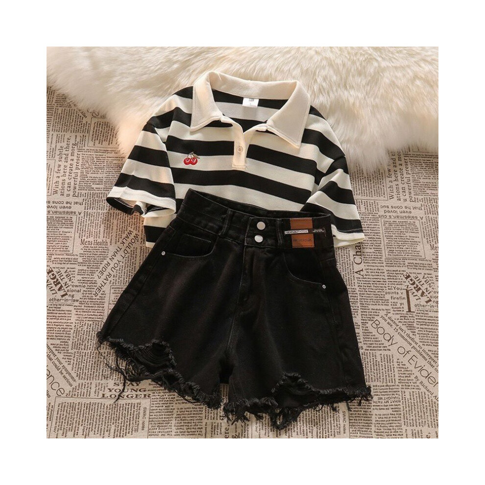 (Striped Set,140cm/55.12in)Ensemble deux pièces été fille tendance avec polo rayé élégant et short en denim