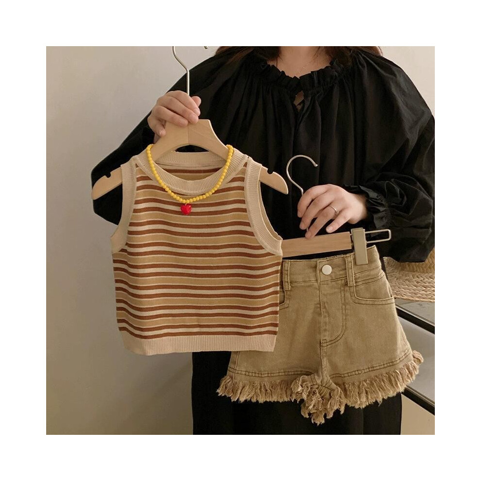 (Set,130cm/51.18in)Ensemble gilet rayé marron tendance et short en denim découpé pour fille parfait pour les journées d'été