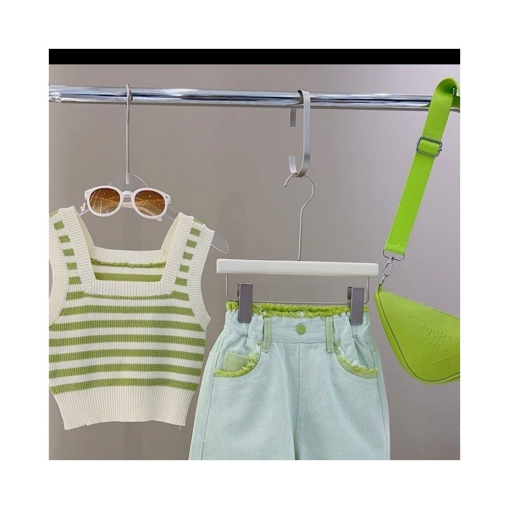 (Green Tank,150cm/59.06in)Ensemble deux pièces tendance fille avec débardeur rayé coton doux et short en denim froncé accrocheur