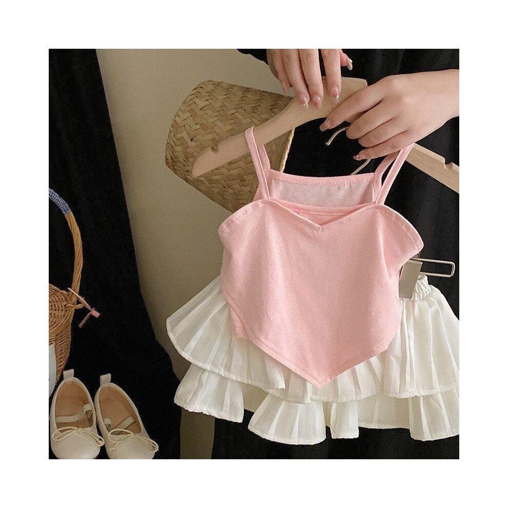 (Pink White,100cm/39.37in)Ensemble vêtements été tendance pour fille avec jupe débardeur coeur rose et