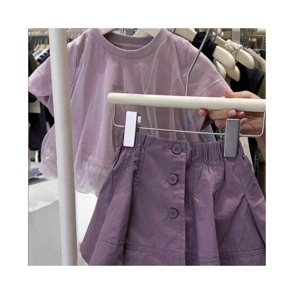 (Purple Set,90cm/35.43in)Charmante tenue en mousseline de soie pour filles avec t-shirt à manches courtes et jupe polyvalente pour les huit ans et