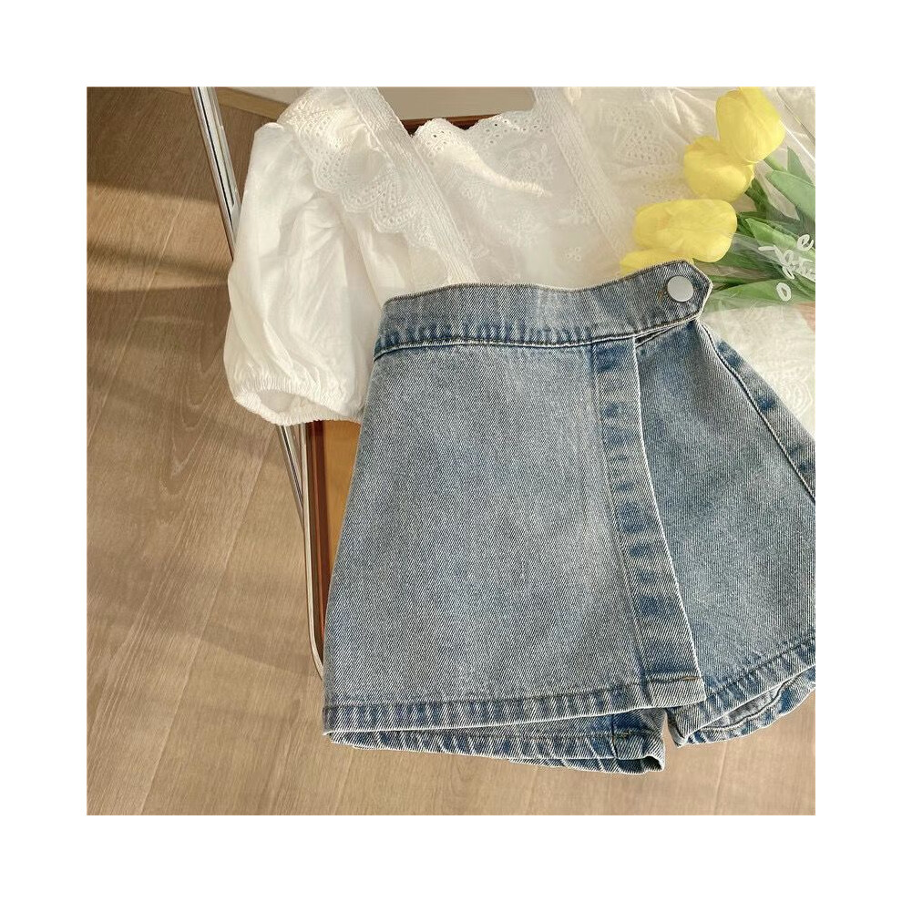 (White Top Jeans,140cm/55.12in)Ensemble deux pièces à la mode pour fille dont chemise en dentelle et short en denim pour l'été