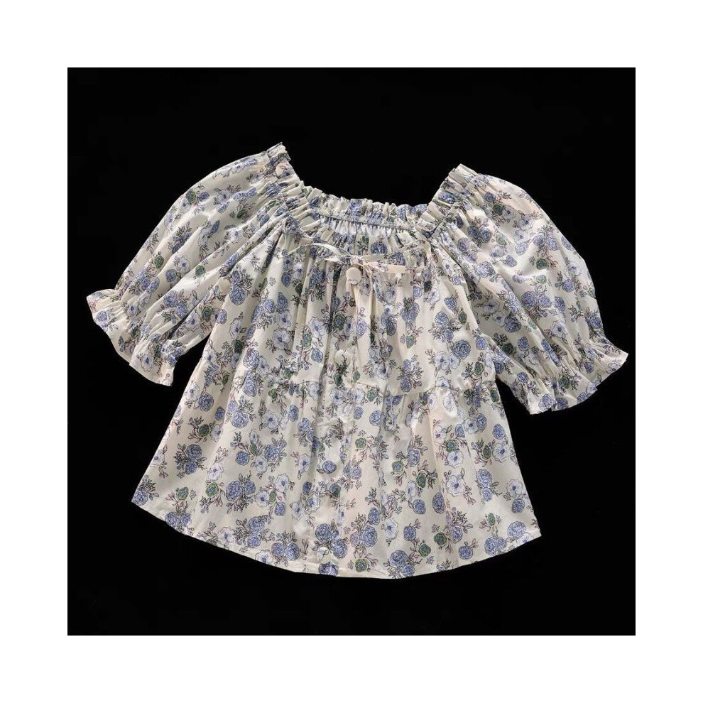 (Short sleeve ,130cm/51.18in)Ensemble chemise et short en jean fille confortable et respirant à fleurs