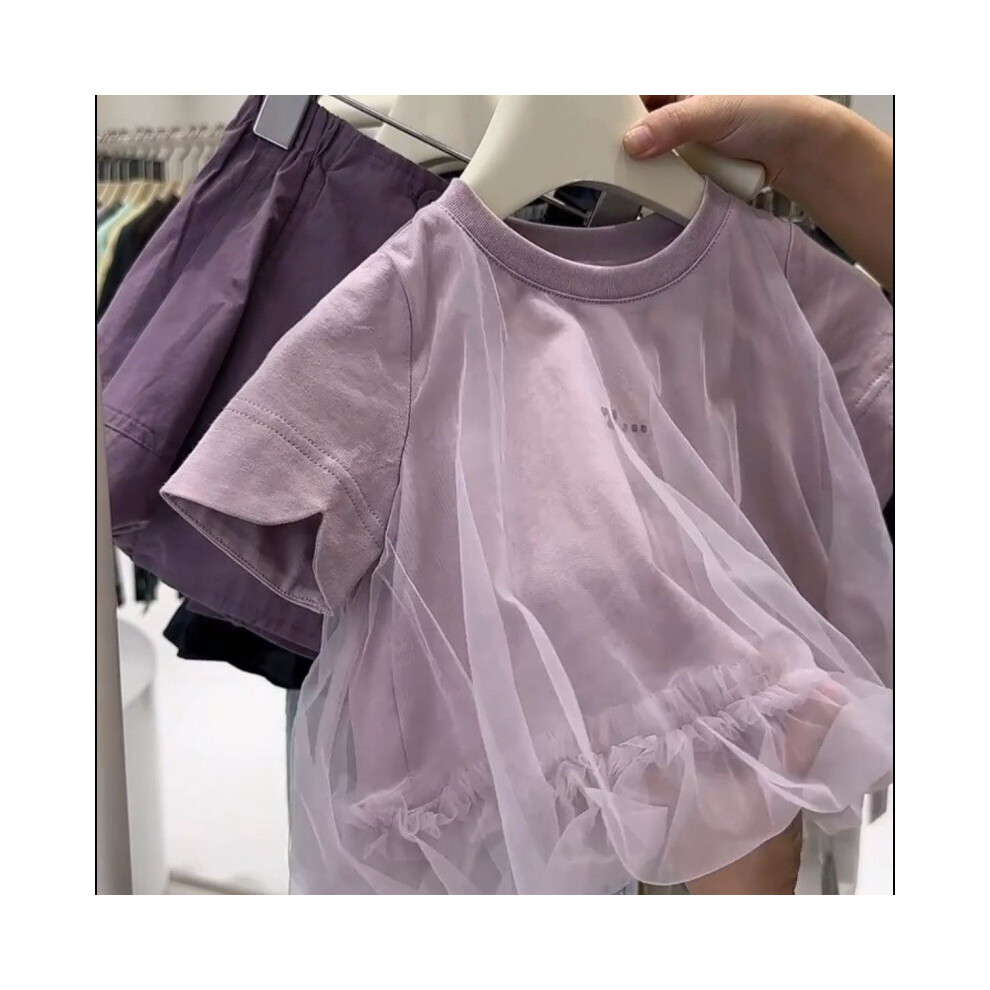 (Purple Chiffon TShirt,130cm/51.18in)Charmante tenue en mousseline de soie pour filles avec t-shirt à manches courtes et jupe polyvalente pour les