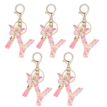 Y style letter pendant pink cute initial keychain butterfly keychain