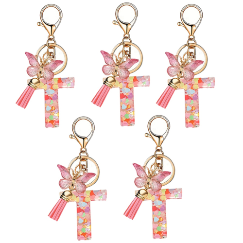 Porte-clés pendentif lettre T rose mignon avec initiale, porte-clés papillon
