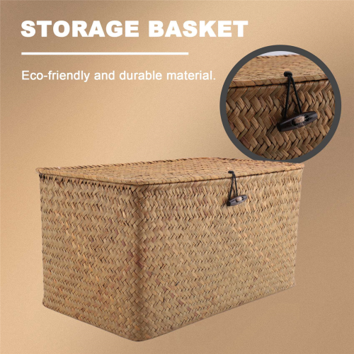 Handmade Straw Woven Storage Basket with Lid Seagrass(M) 2