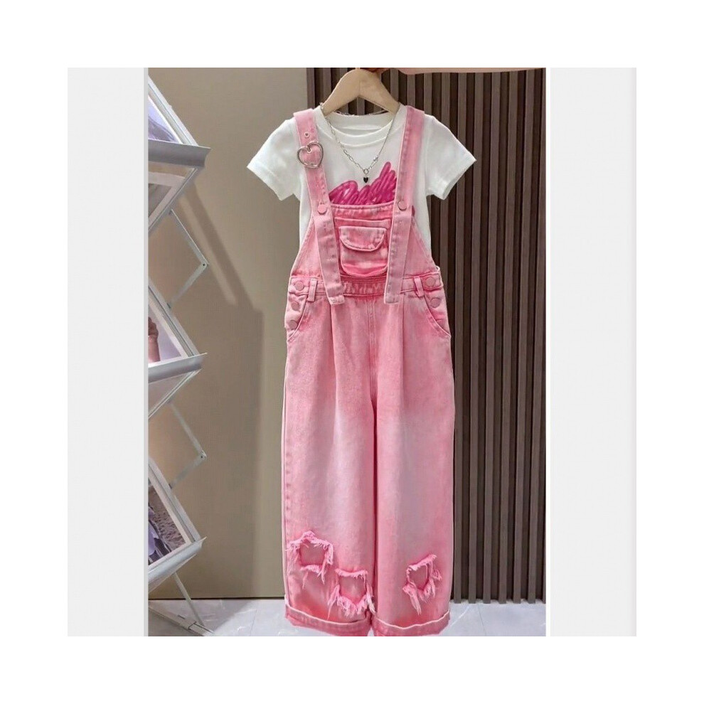 (White Pink,150cm/59.06in)Charmante salopette fille en jean parfaite pour printemps été fun et tendances mode