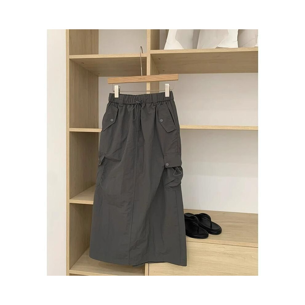 (Long Skirt,130cm/51.18in)Ensemble tenue été tendance pour fille avec élégant t-shirt noir et jupe grise
