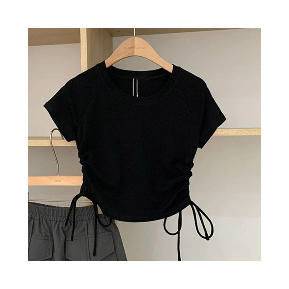 (Pure Black Top,120cm/47.24in)Ensemble tenue été tendance pour fille avec élégant t-shirt noir et jupe grise