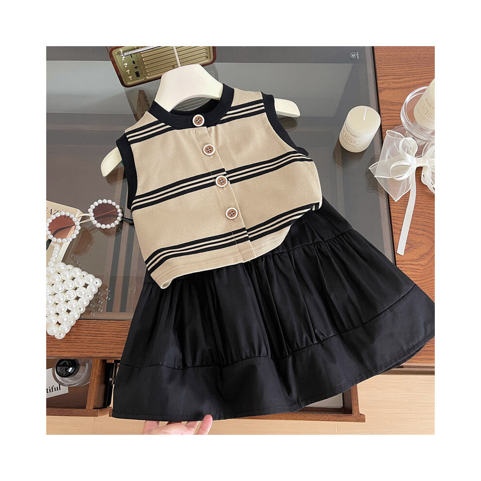 (Khaki,120cm/47.24in)Adorable débardeur et jupe rayés fille style coréen tenue deux pièces fille pour