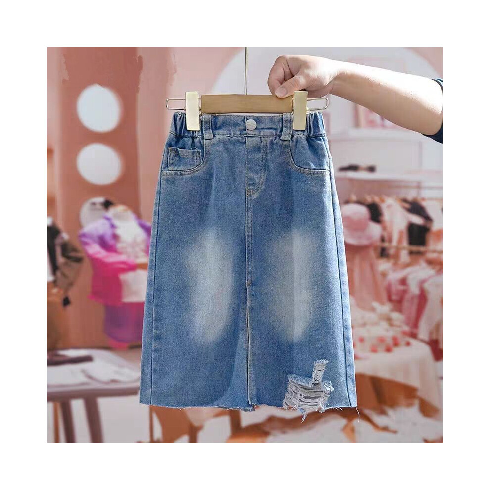 (Skirt,130cm/51.18in)Ensemble tenue chic fille printemps et automne chemise contemporaine manches longues et jupe en denim pour fille grandissant