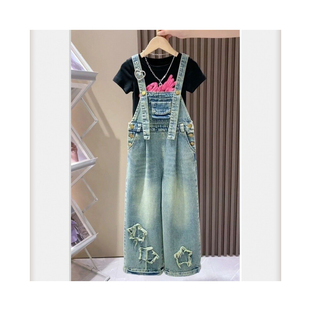 (Black Blue,160cm/62.99in)Charmante salopette fille en jean parfaite pour printemps été fun et tendances mode