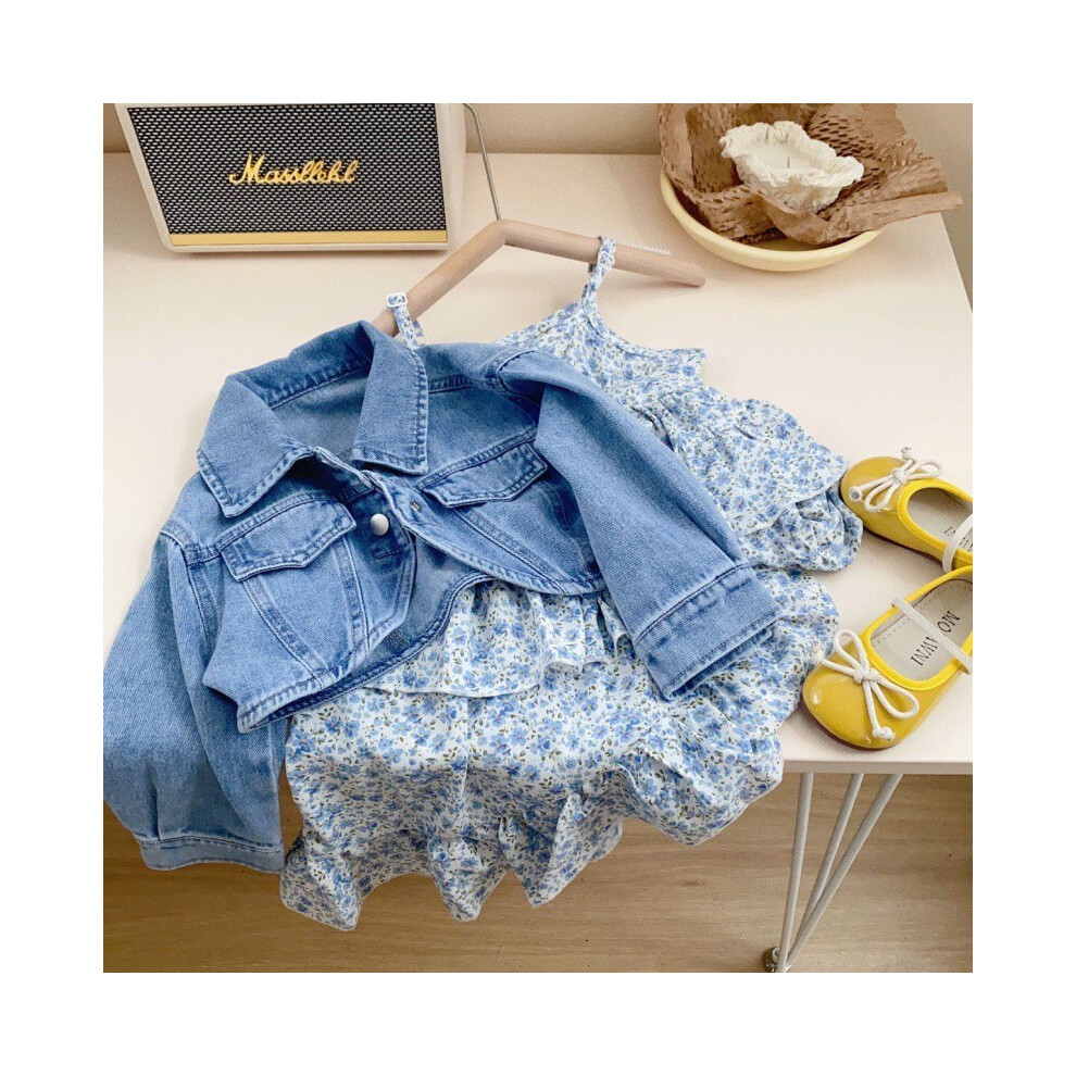 (Blue ,110cm/43.31in)Ensemble élégant veste en jean fille robe fleurie pour tenue tendance printemps enfant