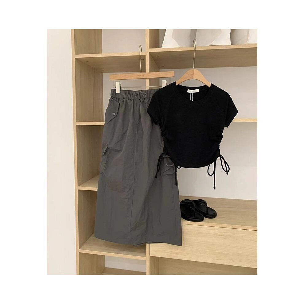 (Black Outfit Set,130cm/51.18in)Ensemble tenue d'été tendance pour fille avec élégant t-shirt noir et jupe grise
