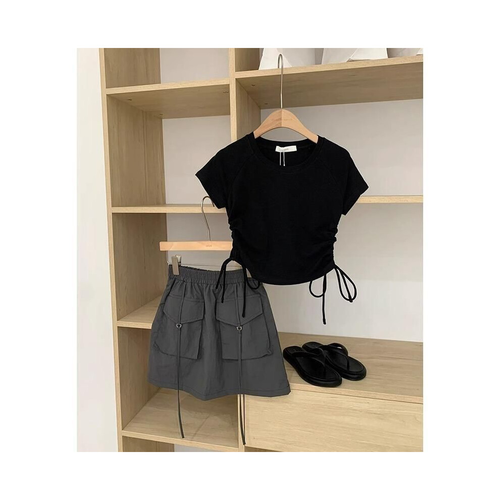 (Black Skirt Set,120cm/47.24in)Ensemble tenue d'été tendance pour fille avec élégant t-shirt noir et jupe grise