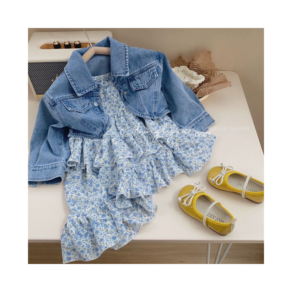 (Denim Floral Set,100cm/39.37in)Ensemble élégant veste en jean fille robe fleurie pour tenue enfant tendance printemps