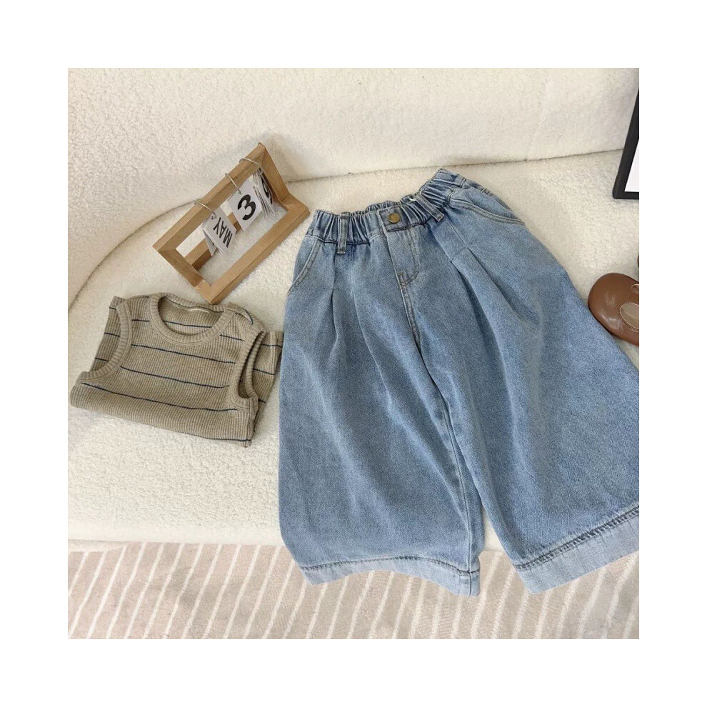 (Denim Pants,140cm/55.12in)Bel ensemble de vêtements d'été pour filles style coréen débardeur rayé et élégant pantalon jambes larges denim
