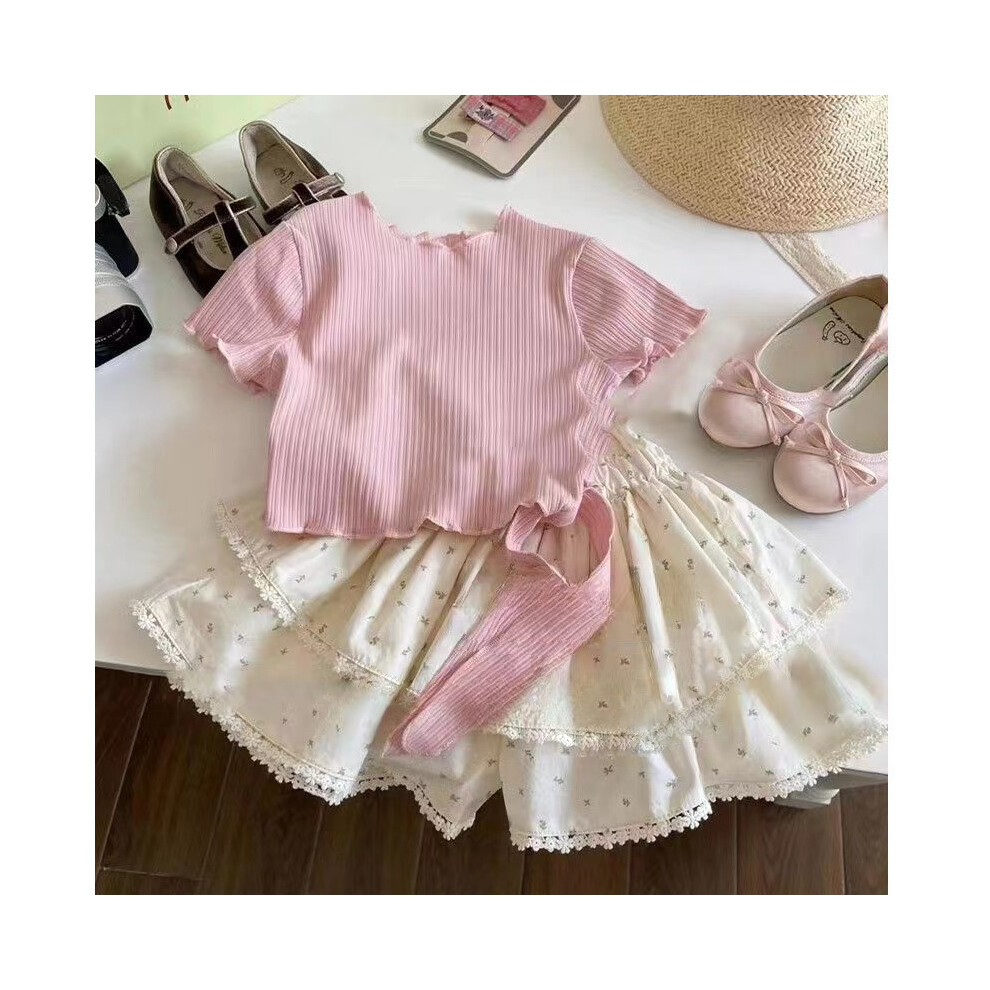 (Set,110cm/43.31in)Ensemble jupe été fille mignonne et ludique avec haut à manches courtes floral et jupe gâteau