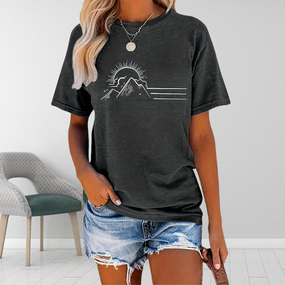 (L, grey) Women Summer T Shirt  Print The Setting Sun  Short Sleeve Tees Casual   Printed  Tops