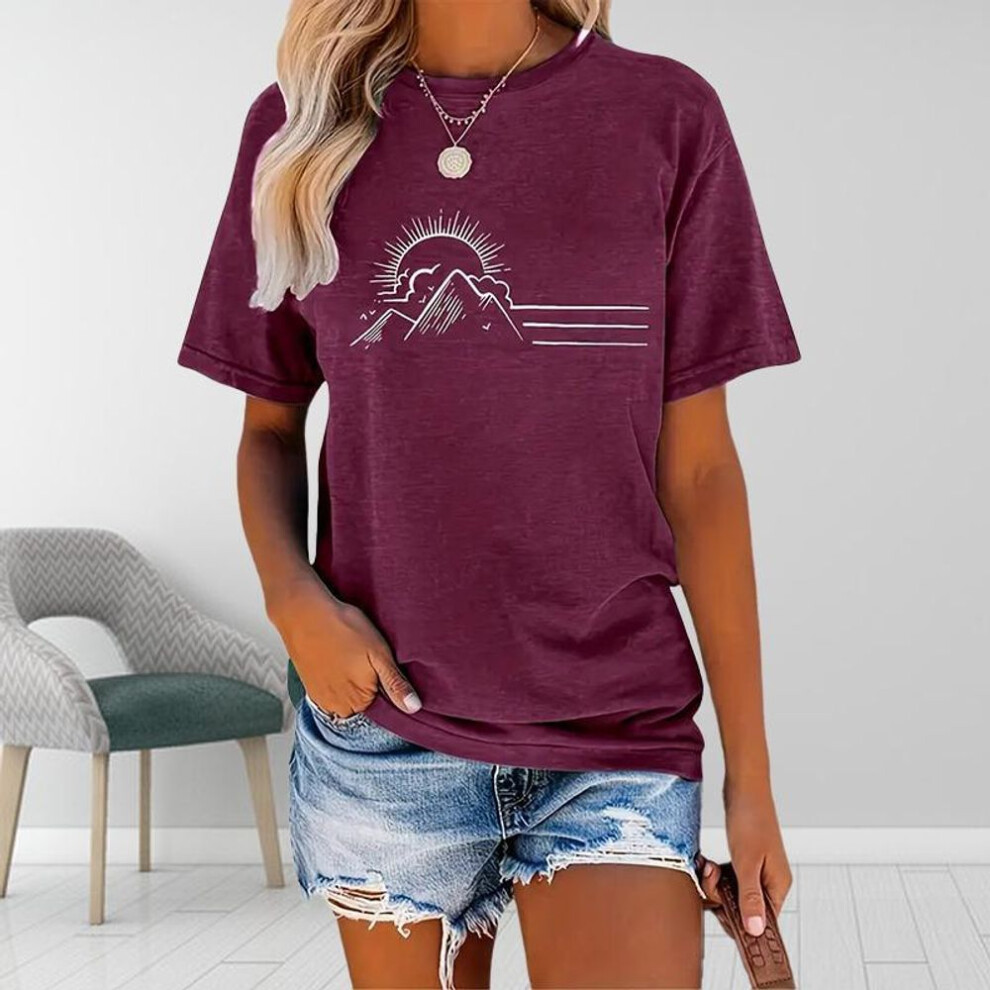 (M, red) Women Summer T Shirt  Print The Setting Sun  Short Sleeve Tees Casual   Printed  Tops