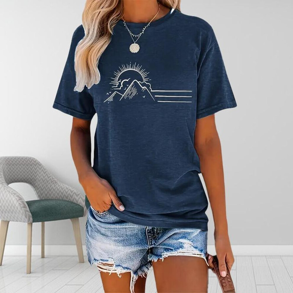 (5XL, blue) Women Summer T Shirt  Print The Setting Sun  Short Sleeve Tees Casual   Printed  Tops
