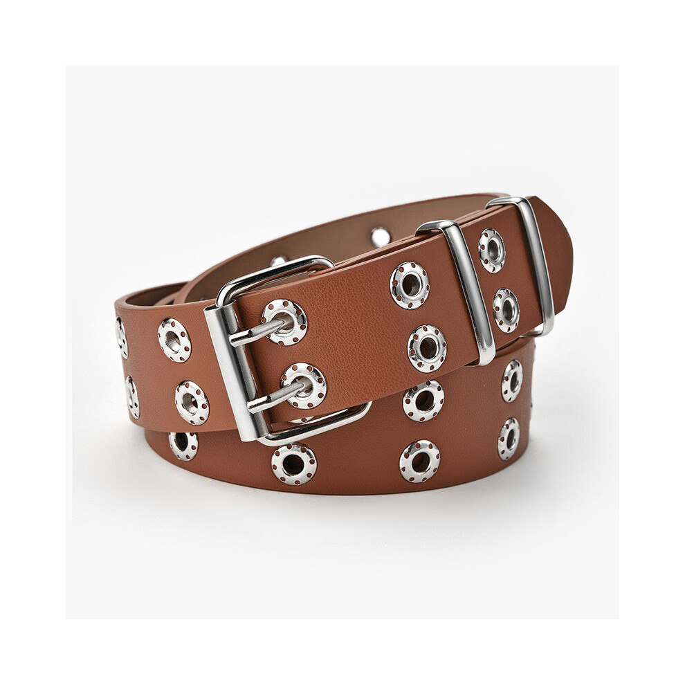 (Camel)Ceinture élégante punk femme double rangée tendance décontractée en denim noir blanc et nuances café