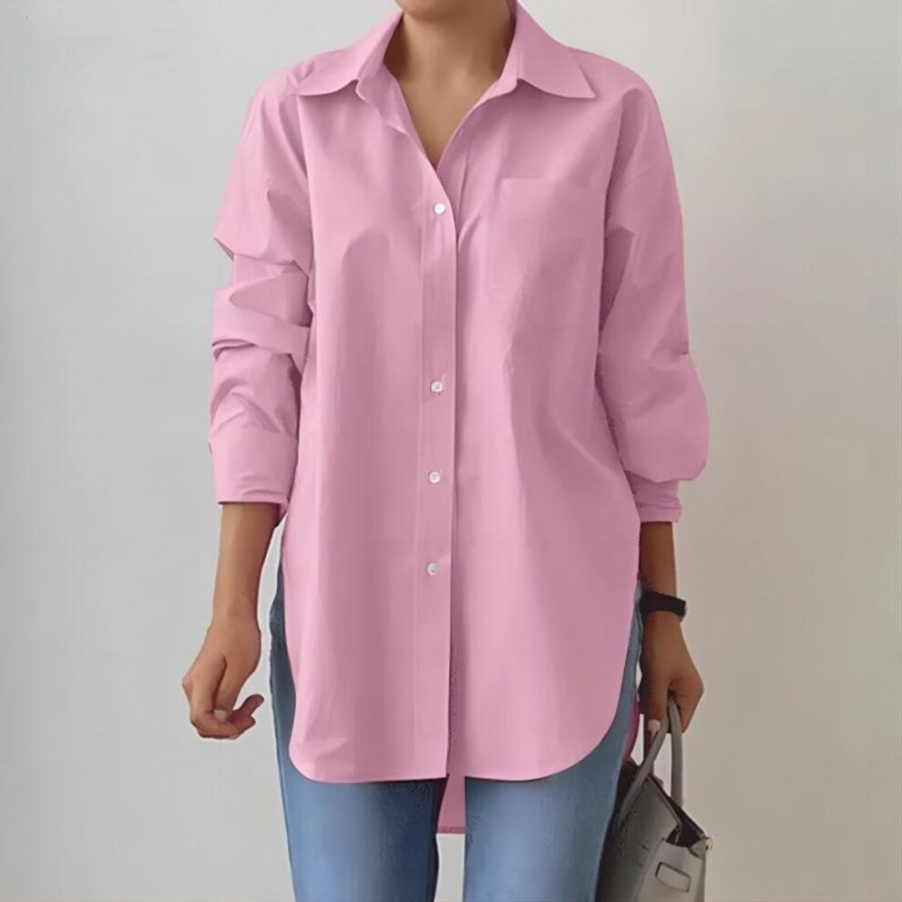 (2XL, pink) Fashion Elegant Turn Down Collar Long Sleeve Loose Shirts for Women Spring Autumn Solid Slit Office Ladies Blouses Casual Plus Size Shirt Tops 26024