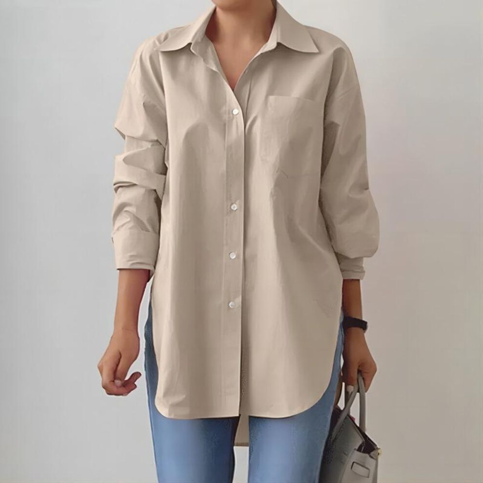 (XL, khaki) Fashion Elegant Turn Down Collar Long Sleeve Loose Shirts for Women Spring Autumn Solid Slit Office Ladies Blouses Casual Plus Size Shirt Tops 26024