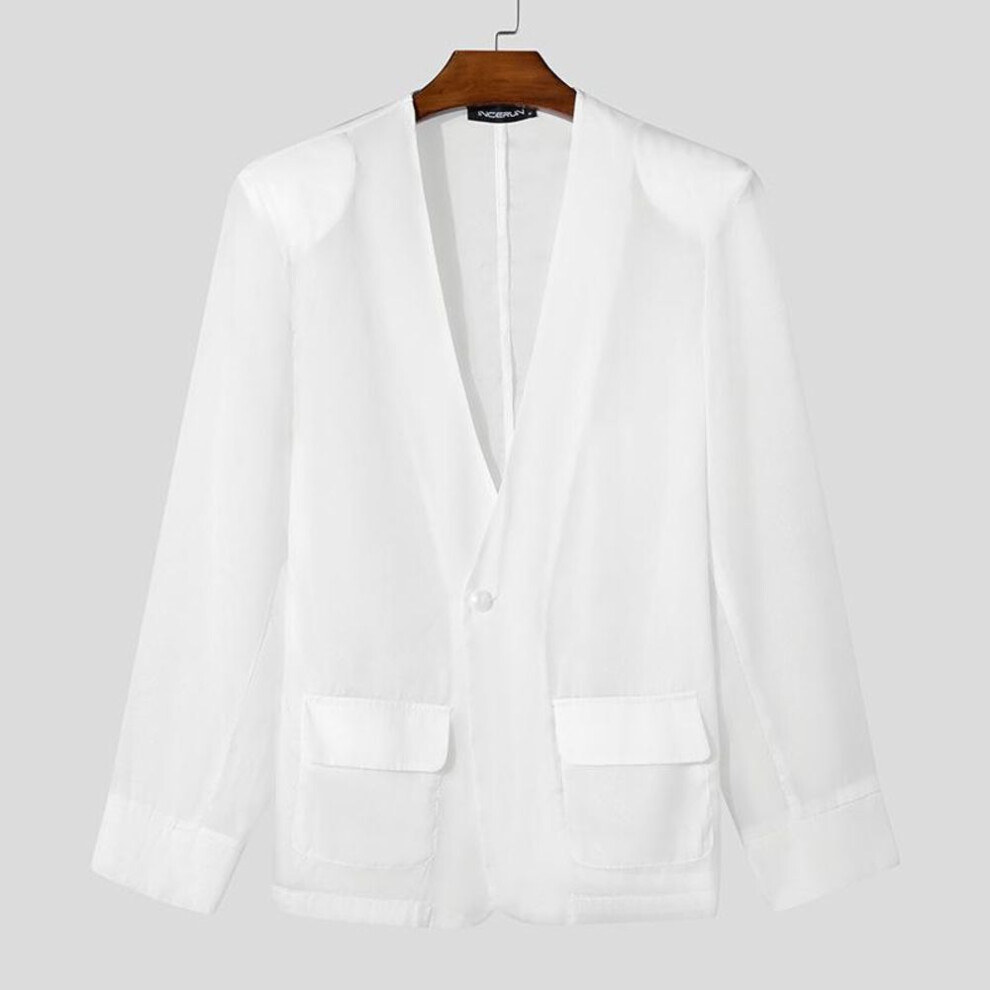 (5XL, white) INCERUN Men Mesh Transparent Shirt Long Sleeve Party See Through Sexy Tops