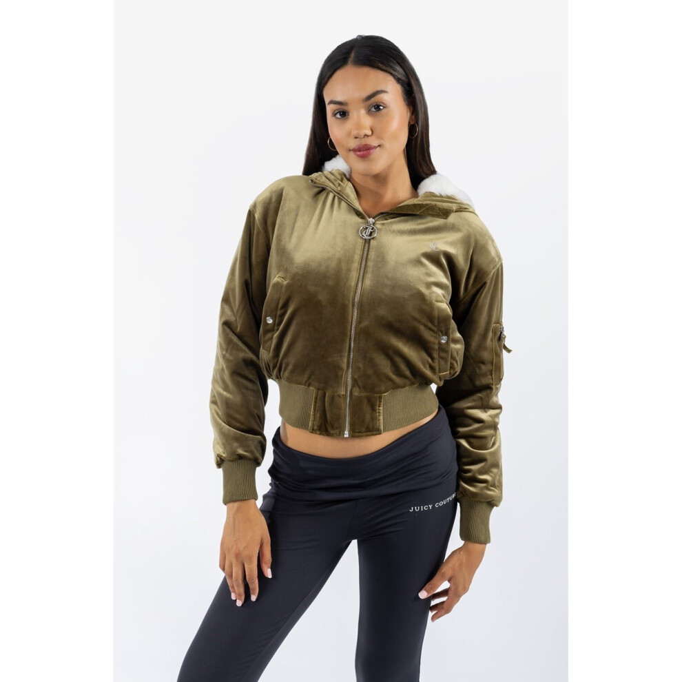 (Green, S) Juicy Couture Fur Rydell Women's Green Bomber Jacket