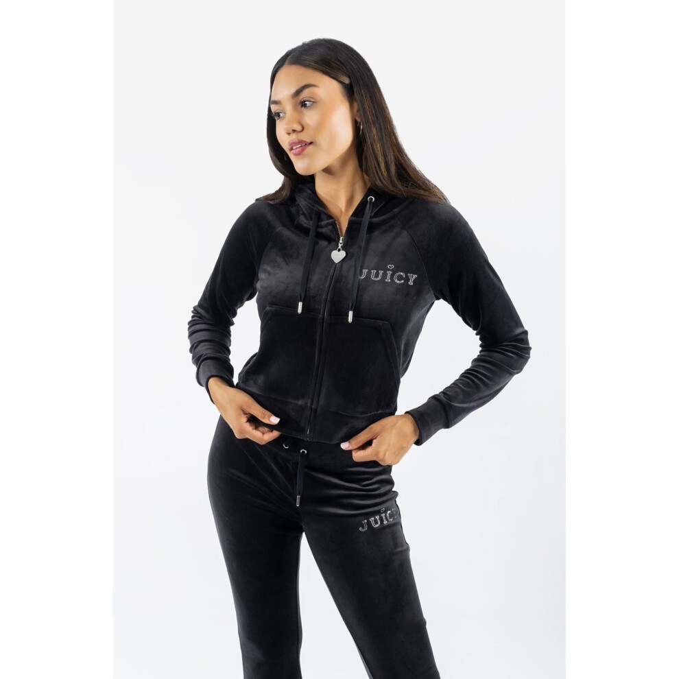 (Black, M) Juicy Couture Regal Madison Polyester Women's Black Hooded Sweatshirt