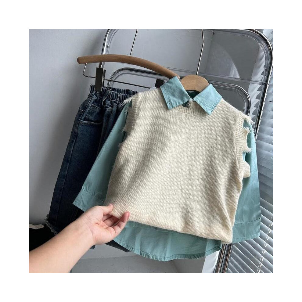 (ThreePiece Set,90cm/35.43in)Adorable ensemble automne trois pièces enfant en bas âge avec pull chaud confortable chemise bleue et jean