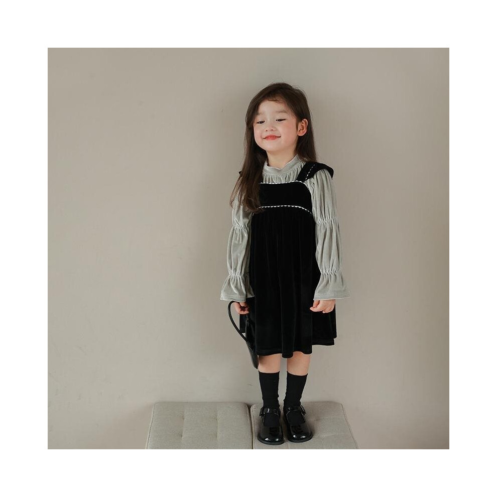 (Dress Blouse,140cm/55.12in)Ensemble robe deux pièces fille à la mode avec robe classique à bretelles à volants et chemisier élégant à manches