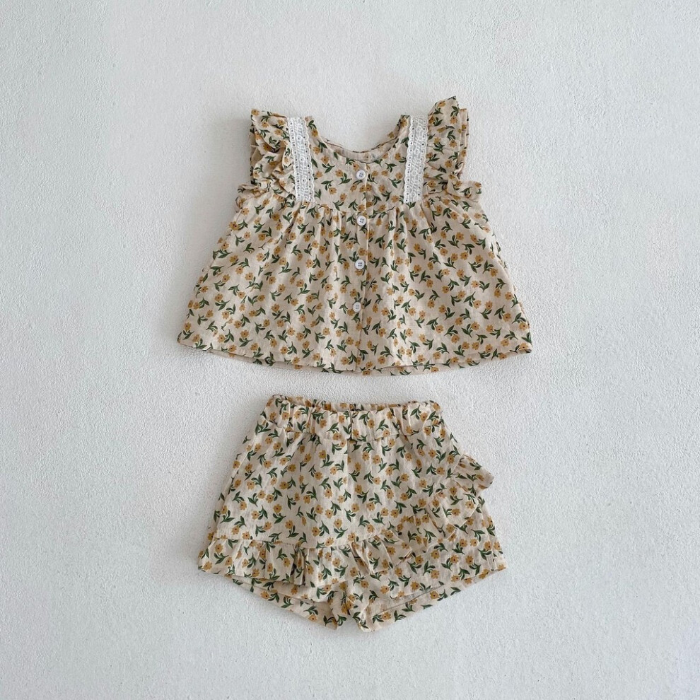 (100CM/39.37in)Ensemble cardigan et short à volants tendance été bébé fille bord dentelle imprimé floral