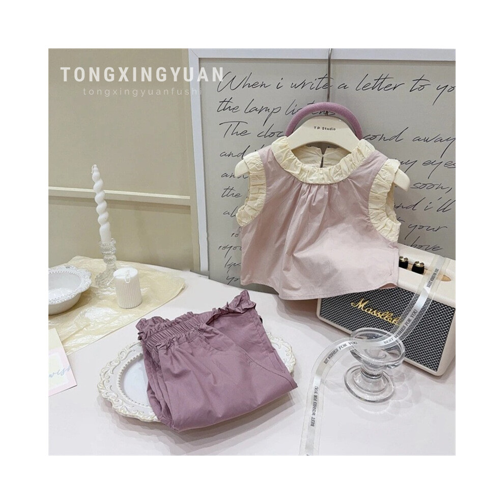 (Light Purple Set,Size 120)Adorable tenue d'été pour fille avec débardeur sans manches en coton doux et culottes tendance