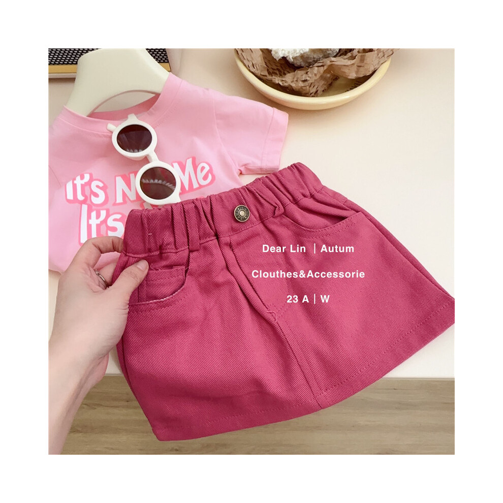 (Pink Jeans,90)Combinaison t-shirt et jupe confortable en coton manches courtes pour jeunes filles à porter été
