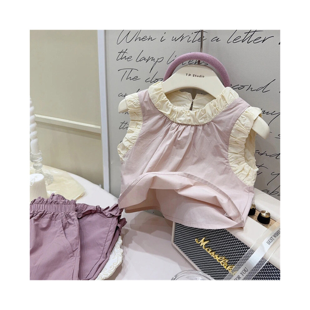 (Light Purple Top,Size 140)Adorable tenue d'été pour fille avec débardeur sans manches en coton doux et culottes tendance