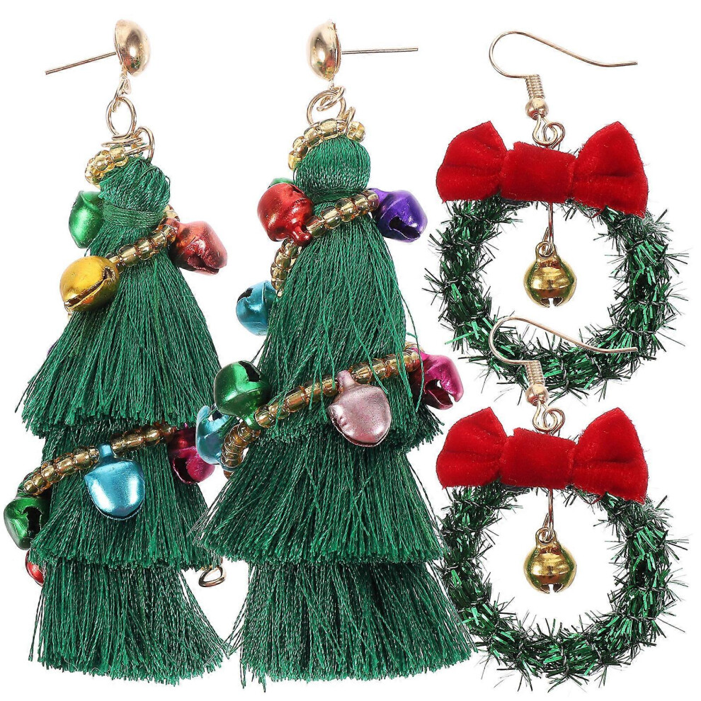 Kricely (As Show, One Size) 2 Pairs Of Christmas Earrings Women Xmas Bow Wreath Earrings Tassel Christmas Earrings