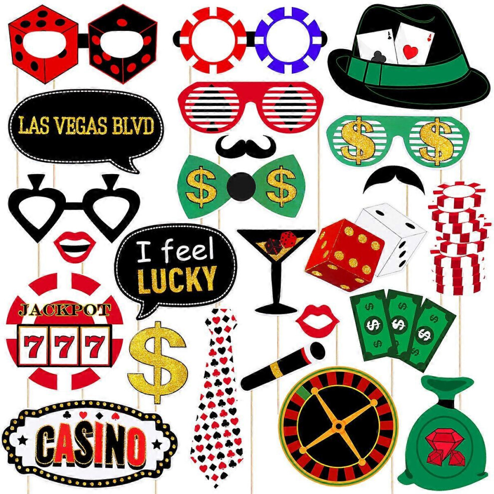 Kricely (As Show, One Size) Amosfun 24Pcs Funny Las Vegas Party Photo Booth Props With Wooden Sticks Creative Party Decoration Supplies (Glitter)
