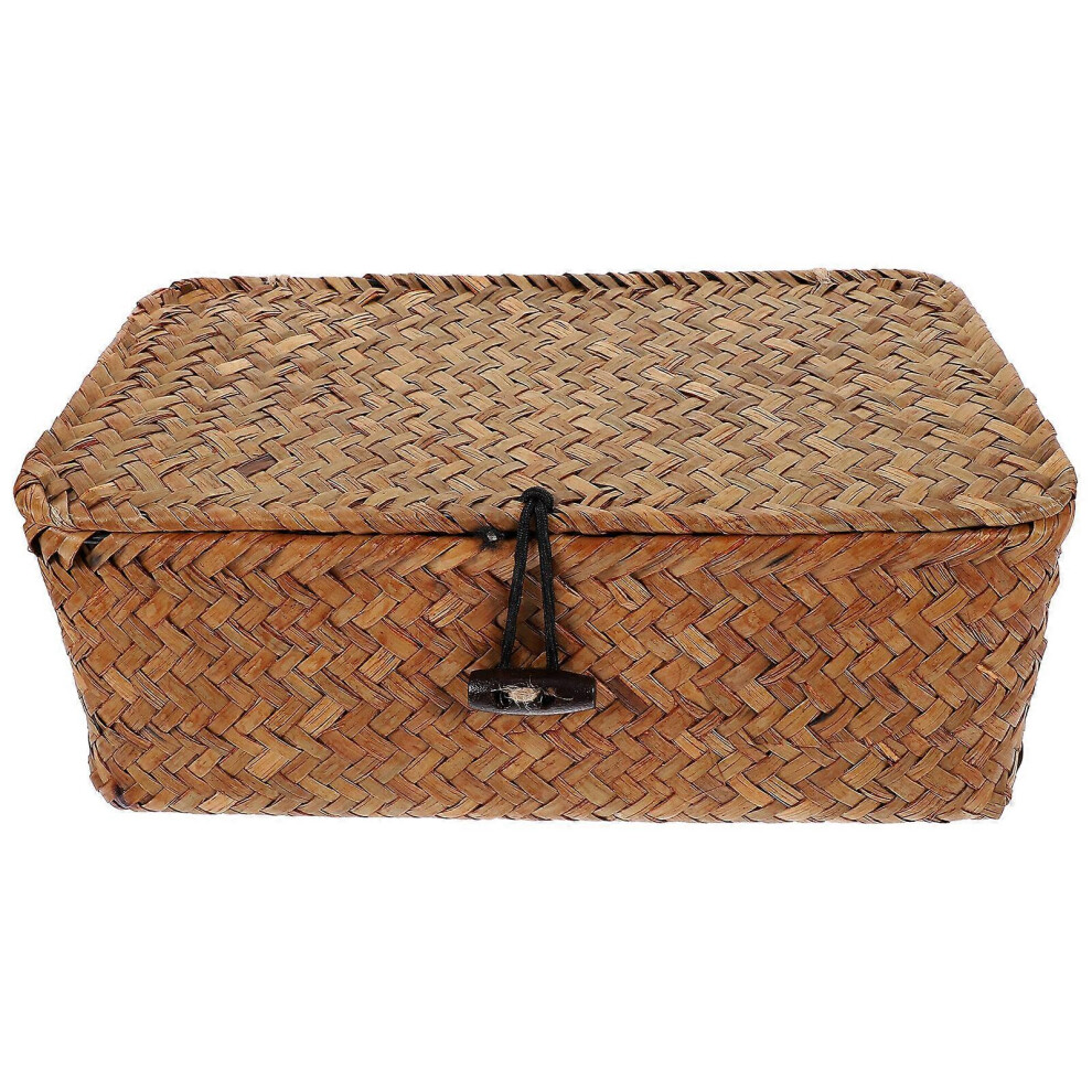 Kricely (As Show, One Size) New Seaweed With Button Woven Basket Straw Woven Debris Desktop Storage Box Hand-Woven Storage Basket - Size S