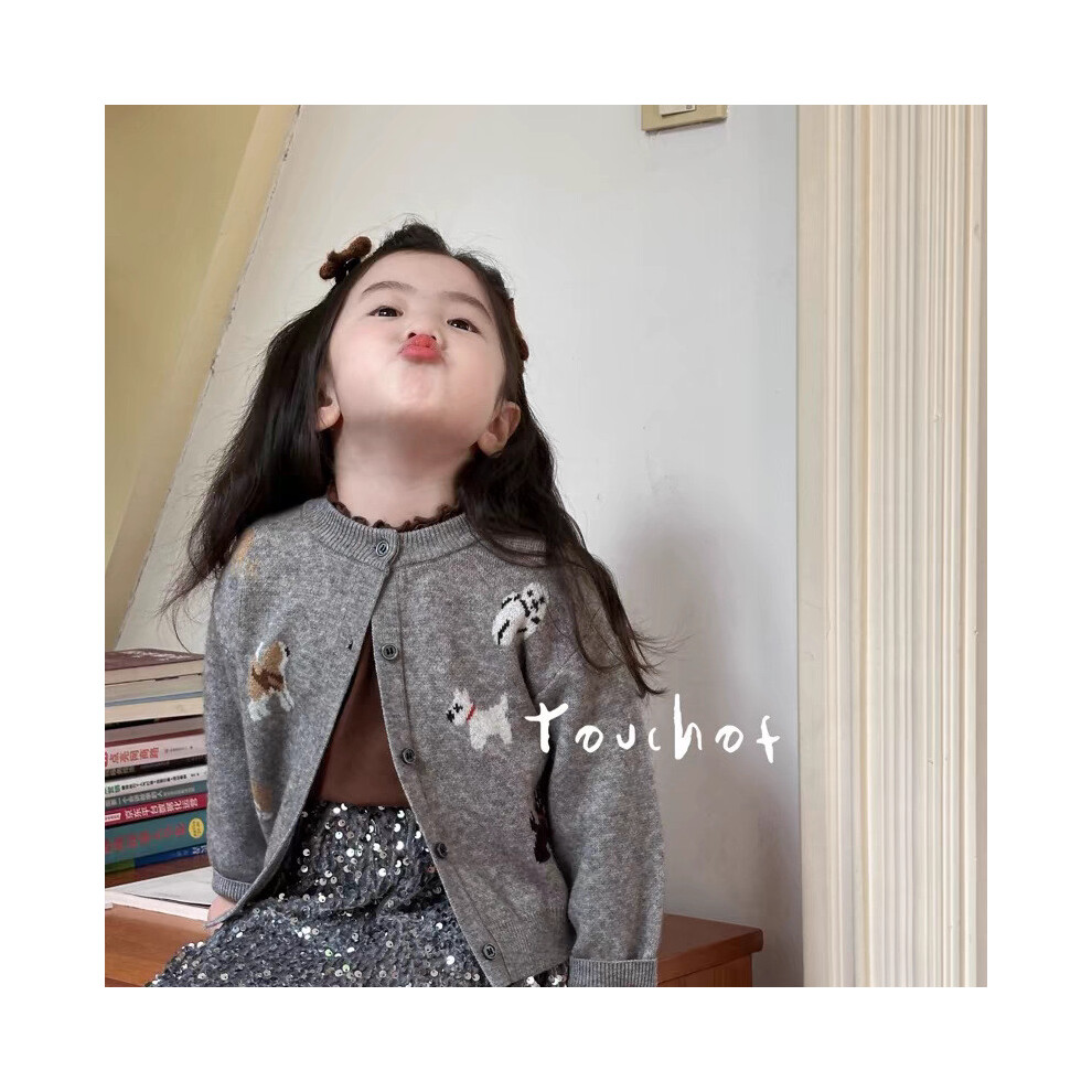 (Gray Cardigan,140)Ensemble trois pièces fille style coréen en tissu délicieux et doux comprenant un cardigan à la mode et une jupe étincelante
